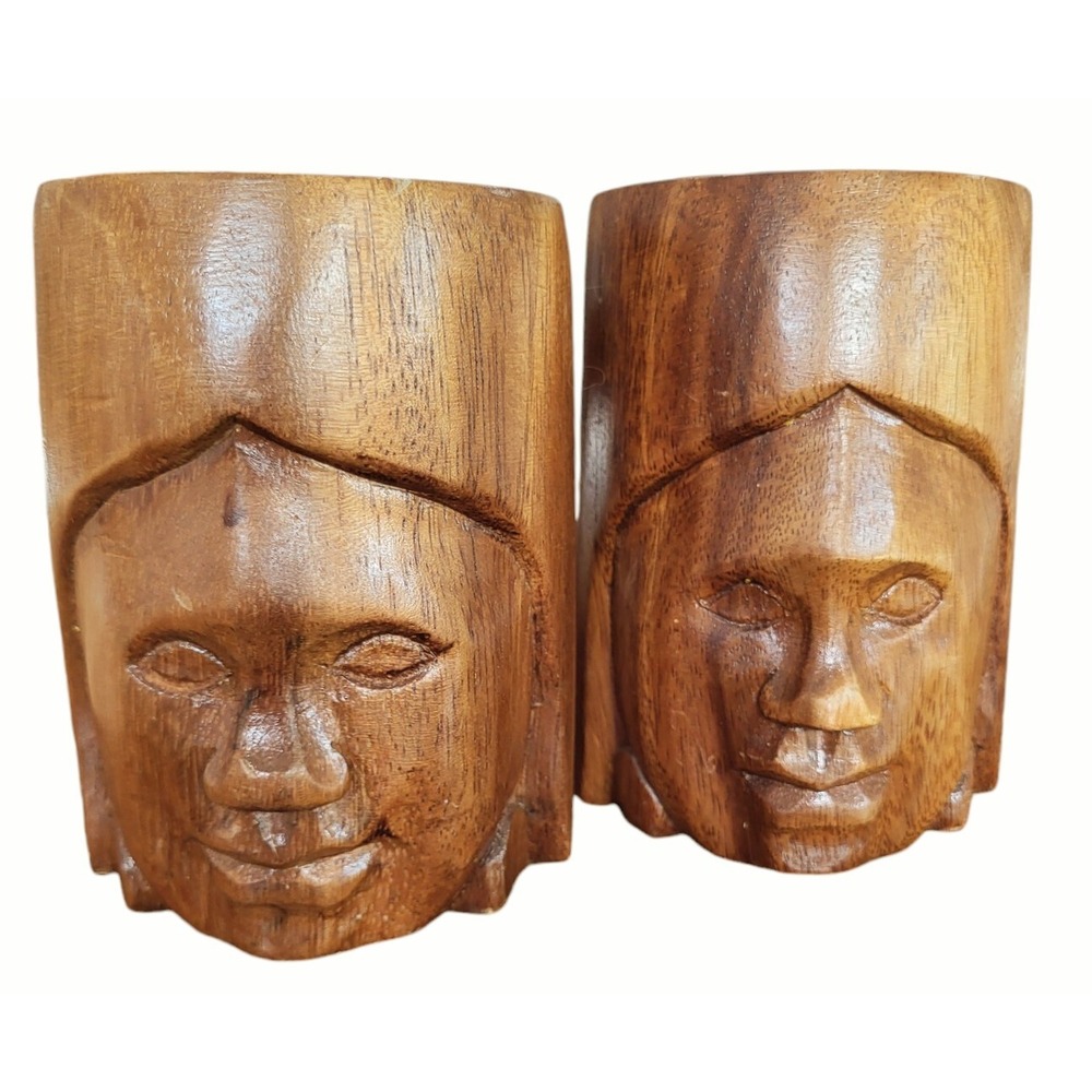 Vintage Monkey Pod Wooden Handcarved Head Face Mug Philippines Numbered MCM Tiki